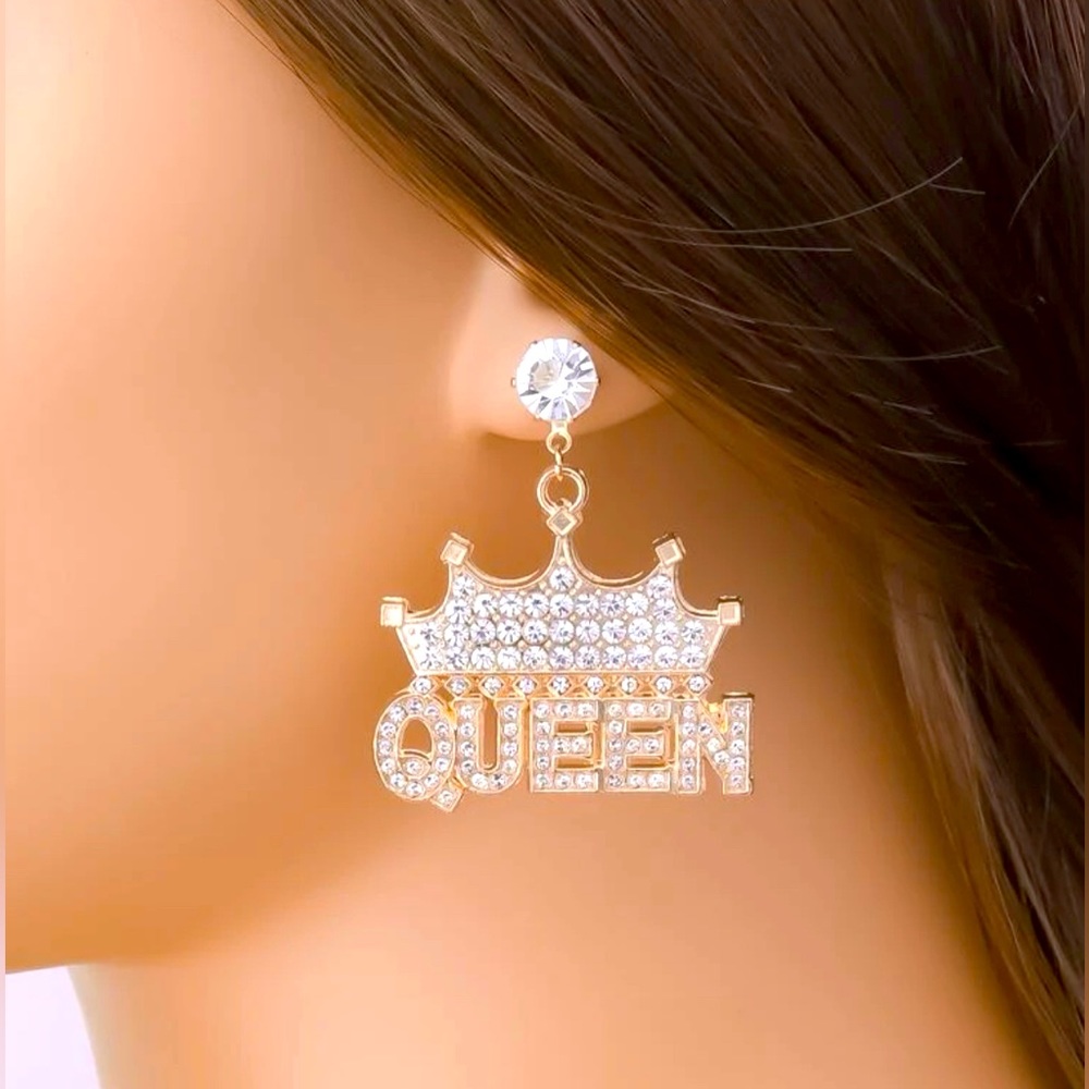 ❀ Gold Rhinestone Bling Queen Pierced Dangle Earrings